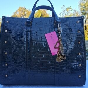 Betsey Johnson Black Croc-Embossed Tote with Gold Studs